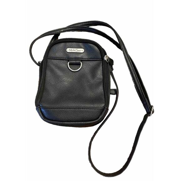Multi Sac Crossbody Bag Double Compartment Black Faux Leather‎ Adjustable Strap - Picture 1 of 4